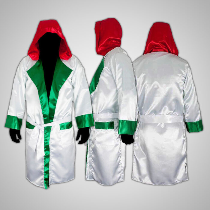 Red White & Green Satin Boxing Robe with Hood - Image 4