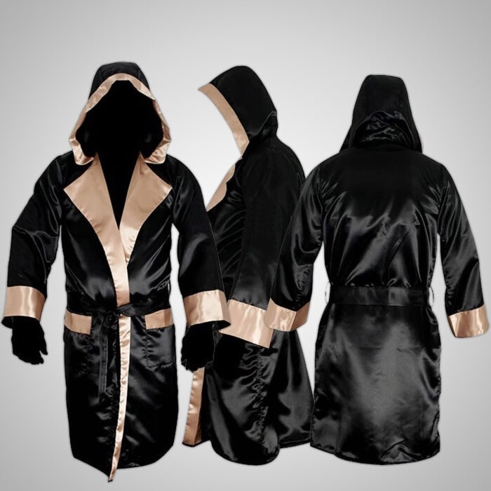Black & Golden Satin Boxing Robe with Hood - Image 4