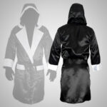 Black & White Satin Boxing Robe with Hood - Image 2