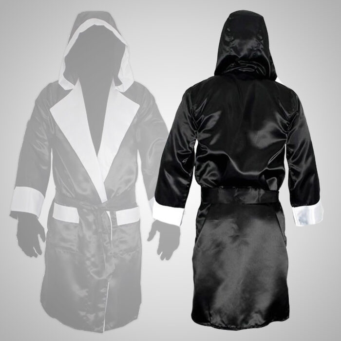 Black & White Satin Boxing Robe with Hood - Image 2