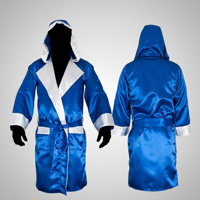 Blue Satin Boxing Robe with Hood - Image 3