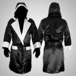 Black & White Satin Boxing Robe with Hood - Image 3