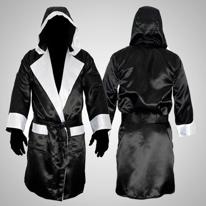 Black & White Satin Boxing Robe with Hood - Image 3