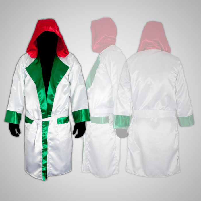 Red White & Green Satin Boxing Robe with Hood - Image 1