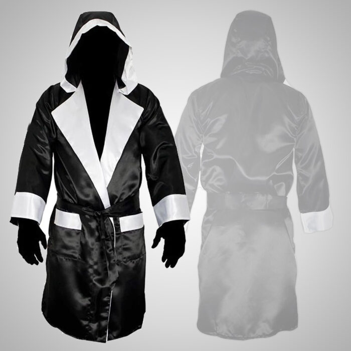 Black & White Satin Boxing Robe with Hood - Image 1