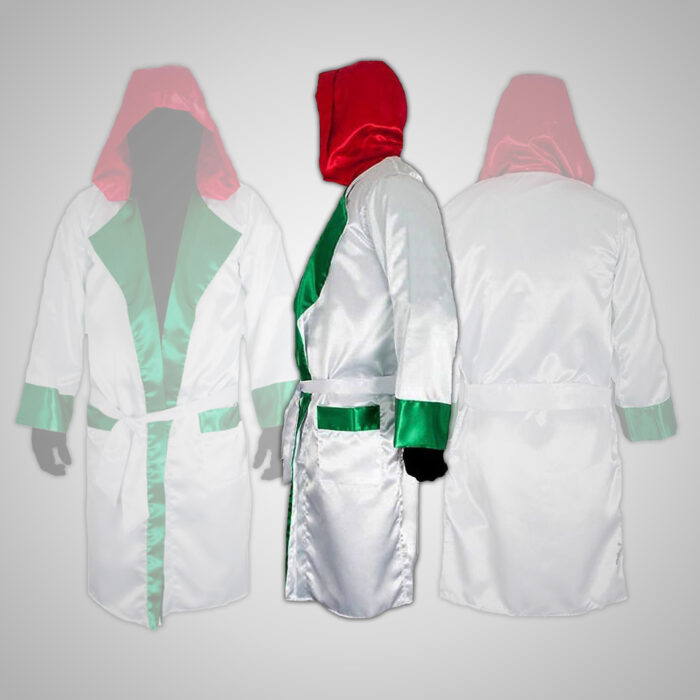 Red White & Green Satin Boxing Robe with Hood - Image 3